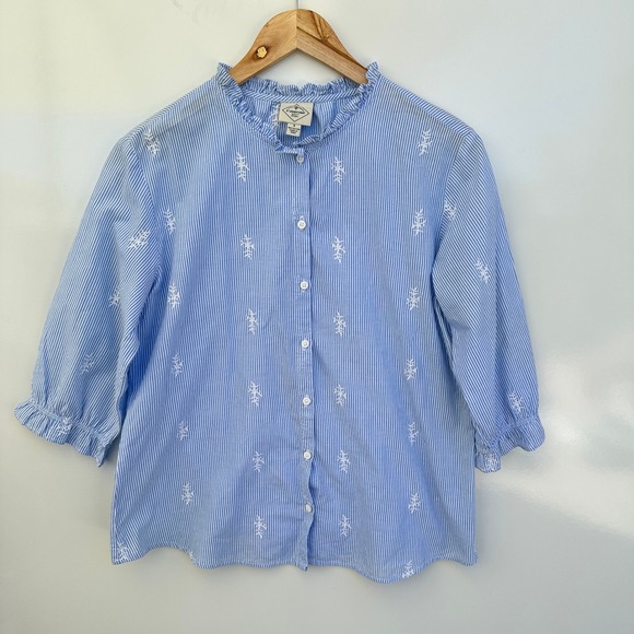 St John's Bay Top Embroidered Ruffle Neck Cotton Stripe Top Small Summer - Picture 7 of 10